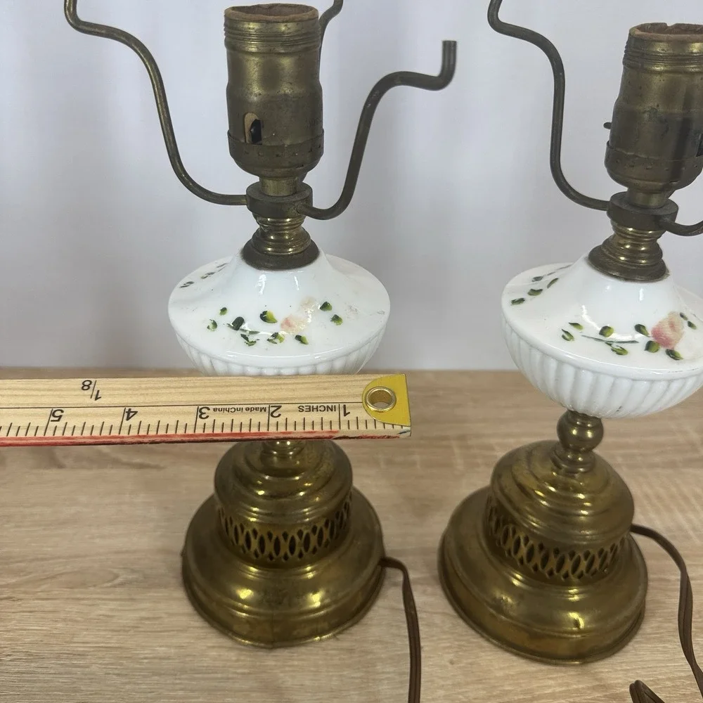 Vintage Pair Porcelain Floral Brass Table Lamps Boudoir Vanity Parts Repair